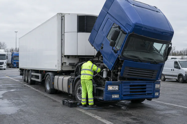 Mechanik w odblaskowym ubraniu pracuje przy silniku ciężarówki z odchyloną kabiną na parkingu dla ciężarówek.