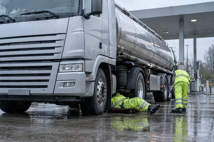 Na stacji paliw w deszczu jeden mechanik leży pod ciągnikiem z cysterną, drugi stoi obok przy kole.