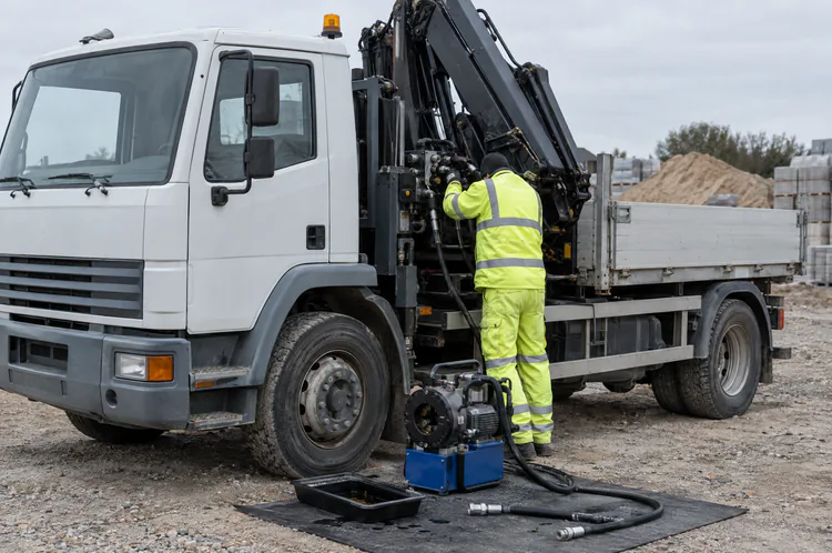 Na placu budowy mechanik montuje nowy przewód hydrauliczny przy złożonym żurawiu samochodu skrzyniowego; obok praska do węży.
