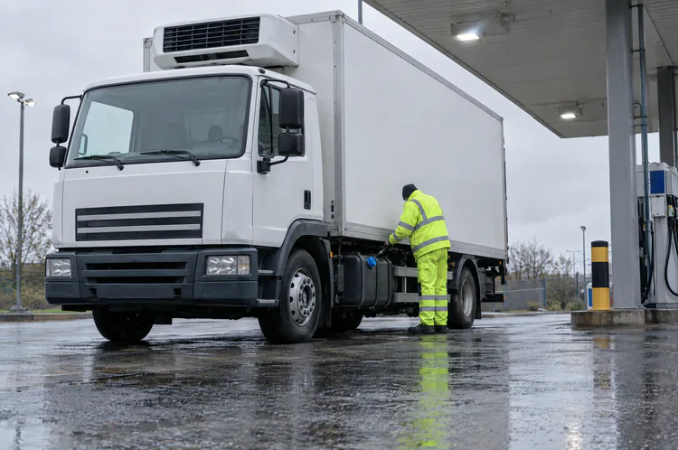 Na mokrej stacji paliw mechanik sprawdza złącze czujnika przy zbiorniku AdBlue białej ciężarówki-chłodni.
