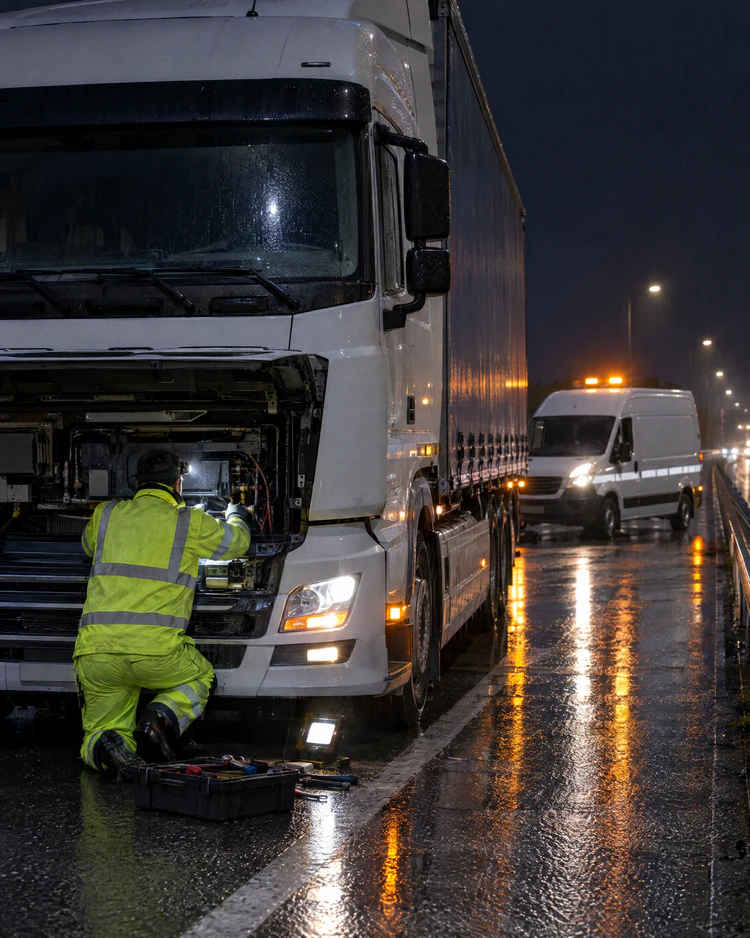 Nocą w deszczu mechanik w odblaskowej kurtce klęczy przy otwartej przedniej klapie ciężarówki na poboczu drogi.